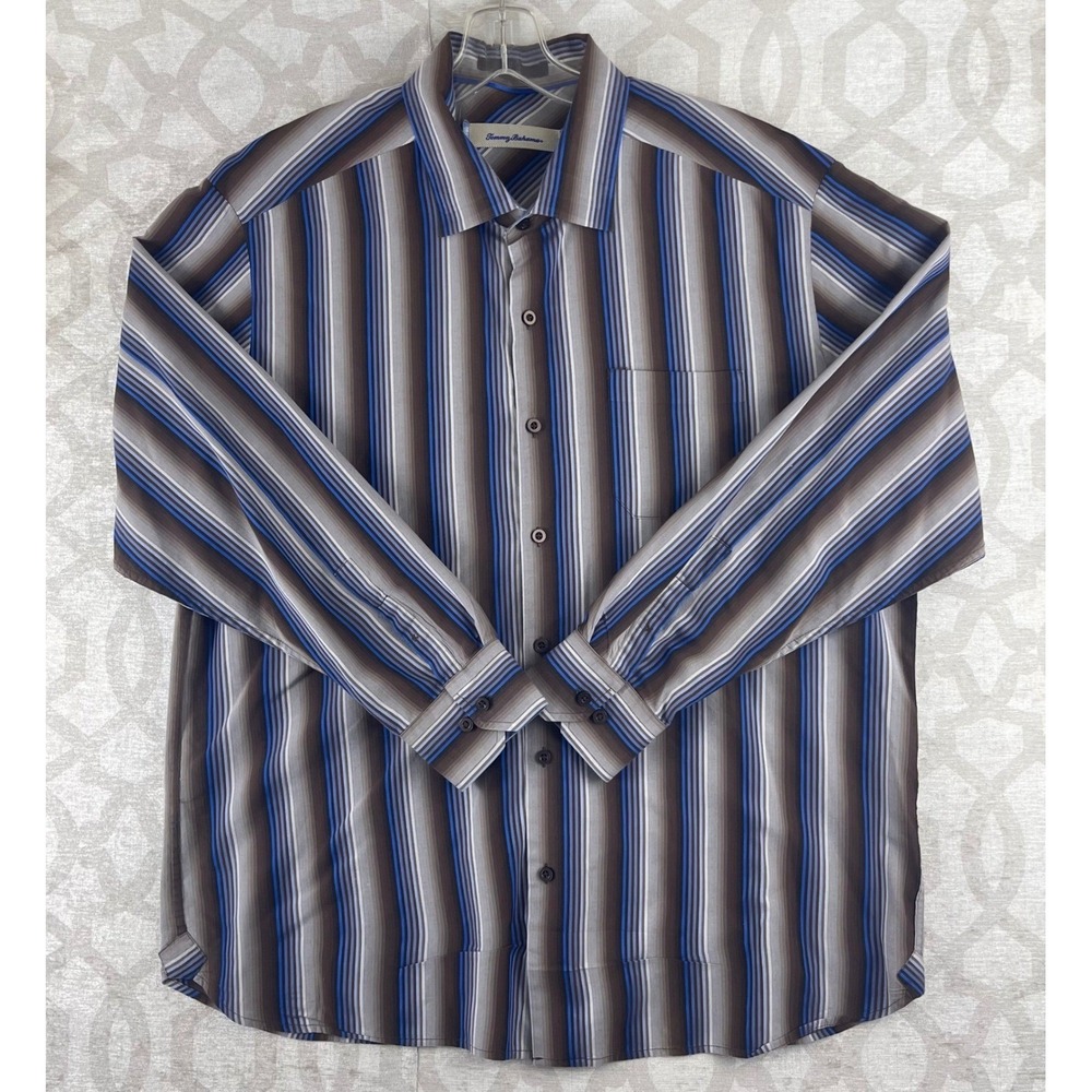 Tommy Bahama Mens Brown Blue Striped Cotton Silk Long Sleeve Button Up Shirt XL
